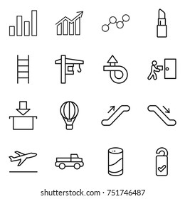 thin line icon set : graph, diagram, lipstick, stairs, tower crane, trip, courier delivery, package, air ballon, escalator, departure, pickup, cleanser powder, please clean