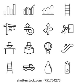 thin line icon set : graph, diagram, up, stairs, tower crane, trip, route, courier delivery, package, air ballon, escalator, pickup, cleanser, please clean