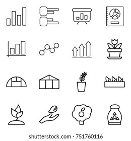 thin line icon set : graph, diagram, presentation, annual report, up, flower, greenhouse, seedling, sprouting, hand leaf, garden, fertilizer