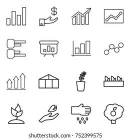 thin line icon set : graph, investment, diagram, statistics, presentation, up, greenhouse, seedling, sprouting, hand leaf, sow, garden