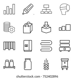 thin line icon set : graph, marker, hierarchy, virtual mask, mining, shopping bag, package, sorting, bar code, fridge, towel, double boiler, salt pepper, bank, spikelets, hive
