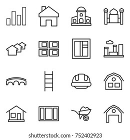 thin line icon set : graph, home, mansion, minaret, houses, panel house, window, city, bridge, stairs, building helmet, wheelbarrow, barn