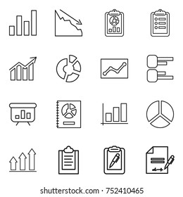 thin line icon set : graph, crisis, report, clipboard, diagram, circle, statistics, presentation, annual, up, pen, inventory