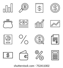 thin line icon set : graph, dollar magnifier, receipt, purse, money, diagram, statistics, annual report, percent, arrow, account balance, wallet, calculator