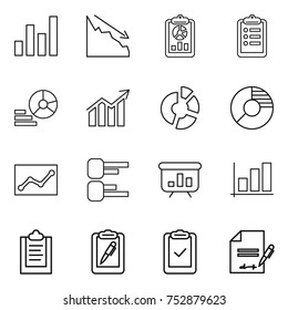 thin line icon set : graph, crisis, report, clipboard, diagram, circle, statistics, presentation, pen, check, inventory