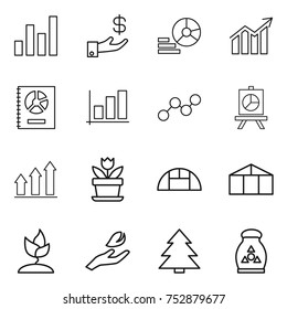 thin line icon set : graph, investment, diagram, annual report, presentation, up, flower, greenhouse, sprouting, hand leaf, spruce, fertilizer