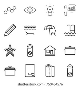 thin line icon set : graph, eye, bulb, presentation, pencil, lounger, pool, starfish, do not distrub, home, pan, kitchen scales, paper towel