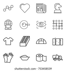 thin line icon set : graph, heart, newspaper, chess horse, notebook globe, cell corection, eye identity, chip, t shirt, brick, greenhouse, clean window, gloves, foam basin, toilet paper