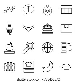 thin line icon set : graph, money message, rocket, market, spark plug, underpants, flower bed, package box, flammable, cargo search, globe, hotel, fence, cooking book, eggplant, foam basin
