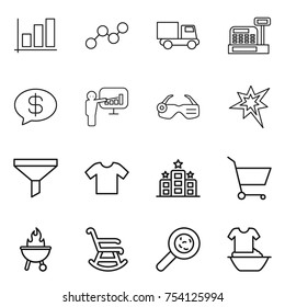 thin line icon set : graph, truck, cashbox, money message, presentation, smart glasses, bang, funnel, t shirt, hotel, cart, bbq, rocking chair, viruses, handle washing