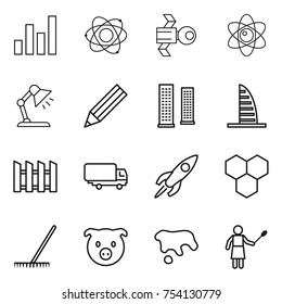 thin line icon set : graph, atom, satellite, table lamp, pencil, skyscrapers, skyscraper, fence, shipping, rocket, honeycombs, rake, pig, spot, woman with duster