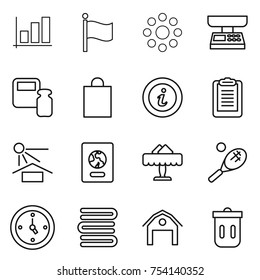 thin line icon set : graph, flag, round around, market scales, weight, shopping bag, info, clipboard, sun potection, passport, restaurant, tennis, watch, towels, barn, trash bin