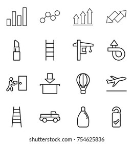thin line icon set : graph, up, down arrow, lipstick, stairs, tower crane, trip, courier delivery, package, air ballon, departure, pickup, cleanser, please clean