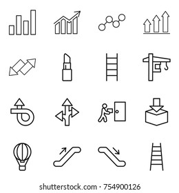 thin line icon set : graph, diagram, up, down arrow, lipstick, stairs, tower crane, trip, route, courier delivery, package, air ballon, escalator