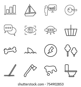 thin line icon set : graph, boat, presentation, cell corection, discussion, eye identity, ufo, basket, bone, shark flipper, electricity, trees, rake, axe, spot, toilet
