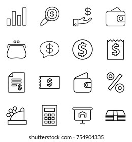 thin line icon set : graph, dollar magnifier, investment, wallet, purse, money message, coin, receipt, account balance, percent, cashbox, calculator, presentation