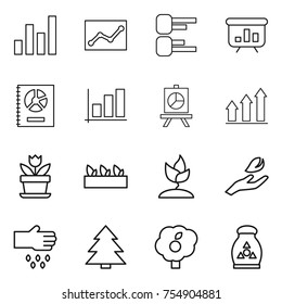 thin line icon set : graph, statistics, diagram, presentation, annual report, up, flower, seedling, sprouting, hand leaf, sow, spruce, garden, fertilizer