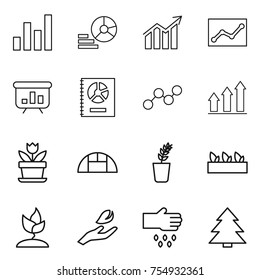 thin line icon set : graph, diagram, statistics, presentation, annual report, up, flower, greenhouse, seedling, sprouting, hand leaf, sow, spruce