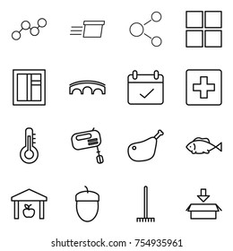 thin line icon set : graph, delivery, molecule, window, bridge, terms, first aid, thermometer, mixer, chicken leg, fish, warehouse, acorn, rake, package