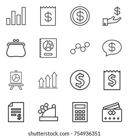 thin line icon set : graph, receipt, dollar, investment, purse, annual report, money message, presentation, up, coin, account balance, cashbox, calculator, credit card