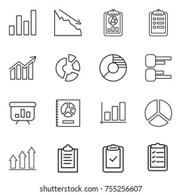 thin line icon set : graph, crisis, report, clipboard, diagram, circle, presentation, annual, up, check, list