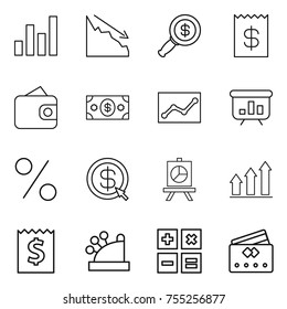 thin line icon set : graph, crisis, dollar magnifier, receipt, wallet, money, statistics, presentation, percent, arrow, up, cashbox, calculator, credit card