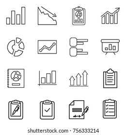 Thin line icon set : graph, crisis, report, diagram, circle, statistics, presentation, annual, up, clipboard, pen, check, inventory, list