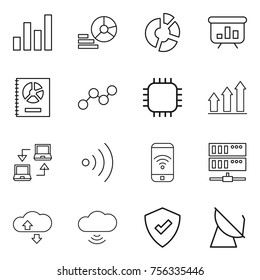 Thin line icon set : graph, diagram, circle, presentation, annual report, chip, up, notebook connect, wireless, phone, server, cloude service, cloud, protected, satellite antenna