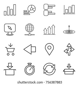 Thin line icon set : graph, diagram, monitor arrow, globe connect, up, target, add to cart, left, geo pin, route, package, stopwatch, reload