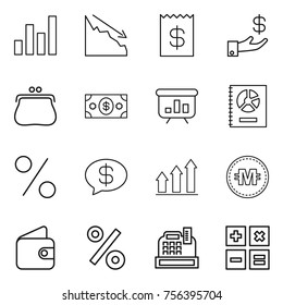 Thin line icon set : graph, crisis, receipt, investment, purse, money, presentation, annual report, percent, message, up, crypto currency, wallet, cashbox, calculator