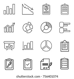 Thin line icon set : graph, crisis, report, clipboard, diagram, circle, presentation, pen, check, inventory, list