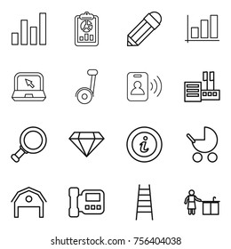 Thin line icon set : graph, report, pencil, notebook, pass card, store, magnifier, diamond, info, baby stroller, barn, intercome, stairs, kitchen cleaning