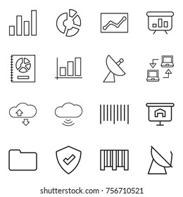 thin line icon set : graph, circle diagram, statistics, presentation, annual report, satellite antenna, notebook connect, cloude service, cloud wireless, bar code, documents, protected