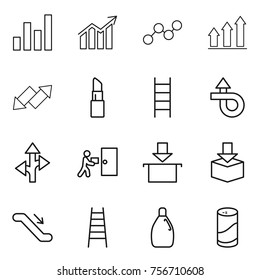 thin line icon set : graph, diagram, up, down arrow, lipstick, stairs, trip, route, courier delivery, package, escalator, cleanser, powder