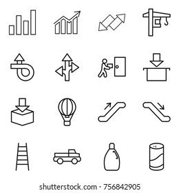 Thin line icon set : graph, diagram, up down arrow, tower crane, trip, route, courier delivery, package, air ballon, escalator, stairs, pickup, cleanser, powder