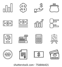 Thin line icon set : graph, dollar, investment, purse, money, diagram, annual report, cashbox, calculator, presentation, crypto currency, account balance, receipt, credit card