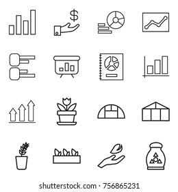 Thin line icon set : graph, investment, diagram, statistics, presentation, annual report, up, flower, greenhouse, seedling, hand leaf, fertilizer