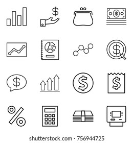 Thin line icon set : graph, investment, purse, money, statistics, annual report, dollar arrow, message, up, coin, receipt, percent, calculator, atm