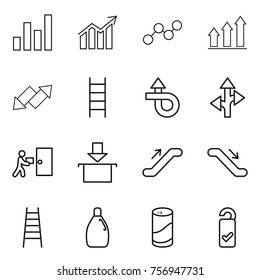 Thin line icon set : graph, diagram, up, down arrow, stairs, trip, route, courier delivery, package, escalator, cleanser, powder, please clean