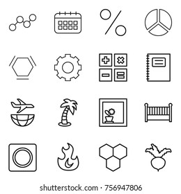 Thin line icon set : graph, calendar, percent, diagram, hex molecule, gear, calculator, copybook, plane shipping, palm, flower in window, crib, ring button, fire, honeycombs, beet