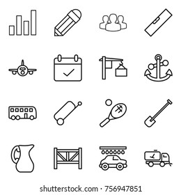 Thin line icon set : graph, pencil, group, level, plane, terms, loading, anchor, bus, suitcase, tennis, shovel, jug, farm fence, car wash, home call cleaning