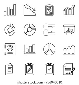Thin line icon set : graph, crisis, report, diagram, circle, presentation, annual, up, clipboard, pen, check, inventory
