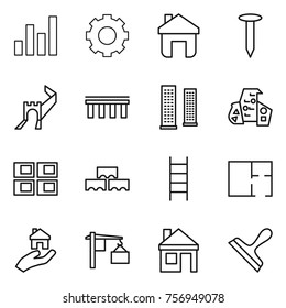 Thin line icon set : graph, gear, home, nail, greate wall, bridge, skyscrapers, modern architecture, panel house, block, stairs, plan, real estate, loading, scraper