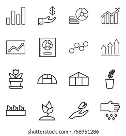 Thin line icon set : graph, investment, diagram, statistics, annual report, up, flower, greenhouse, seedling, sprouting, hand leaf, sow