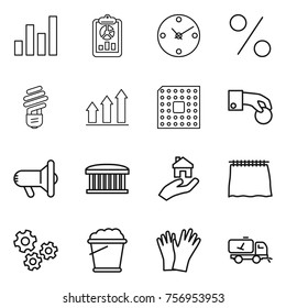 Thin line icon set : graph, report, clock, percent, bulb, up, cpu, hand coin, megafon, airport building, real estate, curtain, gears, foam bucket, gloves, home call cleaning