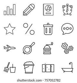 Thin line icon set : graph, pencil, annual report, alarm clock, star, percent, bin, balloon, plane, pan, hand mill, gears, bucket and broom, foam, clean window, bath