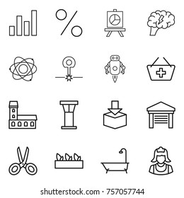 Thin line icon set : graph, percent, presentation, brain, atom, laser, jet robot, add to basket, mansion, airport tower, package, garage, scissors, seedling, bath, cleaner