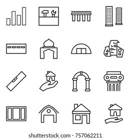 Thin line icon set : graph, tools, bridge, skyscrapers, bunker, minaret, hangare, modern architecture, level, real estate, arch, antique column, window, barn, house, housing