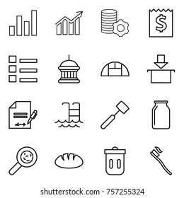 Thin line icon set : graph, diagram, virtual mining, receipt, list, goverment house, greenhouse, package, inventory, pool, meat hammer, bank, viruses, bread, trash bin, tooth brush