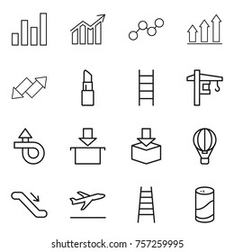 Thin line icon set : graph, diagram, up, down arrow, lipstick, stairs, tower crane, trip, package, air ballon, escalator, departure, cleanser powder